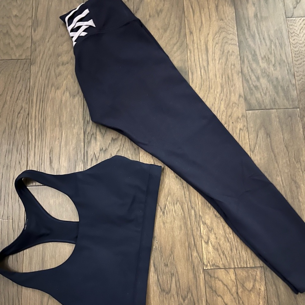 Fabletics Navy Lace-up Powerhold Leggings & Sports Bra